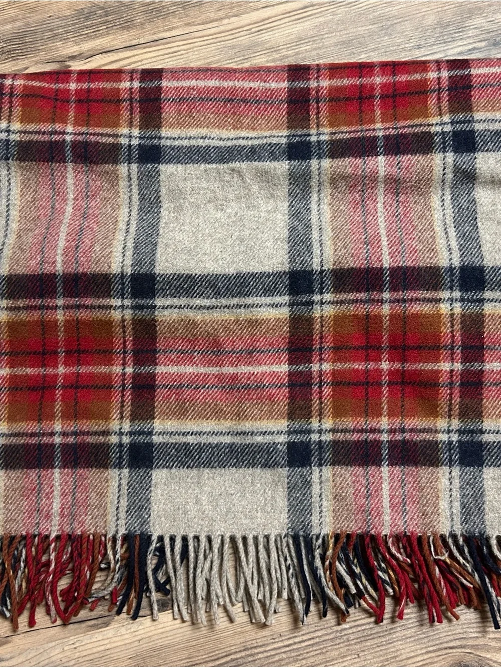 Pendleton Plaid 100% Wool Throw in Red, Navy & Cream with Fringe